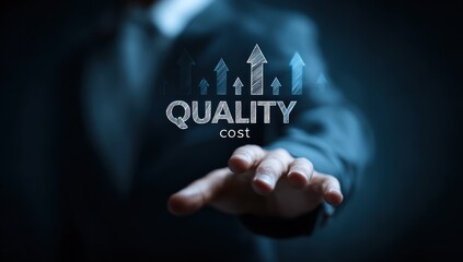 Businessman hand reaching toward quality cost improvement concept.