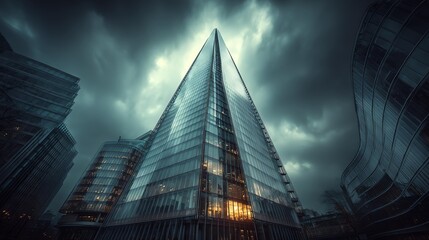 A dramatic view of a modern skyscraper under a moody sky, highlighting architectural beauty and urban environment.
