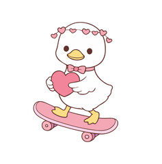 Cute Kawai Duck, Valentines Cute Cartoon Duck , Cute Baby Silly Goose Duck, Valentine Goose PNG, Little Duck Cartoon Vector, Little Baby Duck Illustration , Duck holding Heart Clipart 