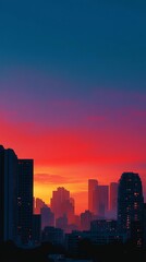 Fototapeta premium A vibrant sunset skyline with silhouettes of modern buildings against a colorful sky, capturing urban beauty.