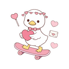 Cute Kawai Duck, Valentines Cute Cartoon Duck , Cute Baby Silly Goose Duck, Valentine Goose PNG, Little Duck Cartoon Vector, Little Baby Duck Illustration, Duck Clipart 