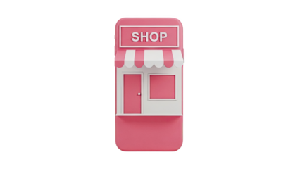 3D Pink shop front with 'SHOP' sign and awning on transparent background