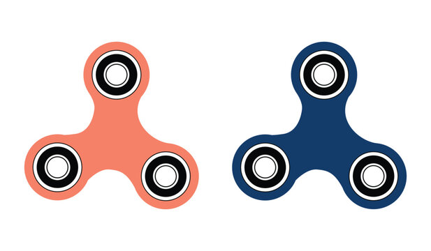 Two fidget spinner toys one salmon pink and one navy blue on transparent surface
