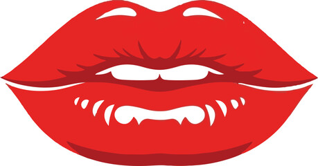Obraz premium A large, detailed of red vampire lips with sharp fangs and a dark red outline against a white background, conveying a seductive and dangerous