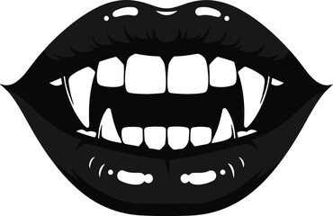 Naklejka premium Black glossy lips with sharp white vampire fangs and visible teeth, isolated on a white background with subtle highlights Keywords: lips, mouth