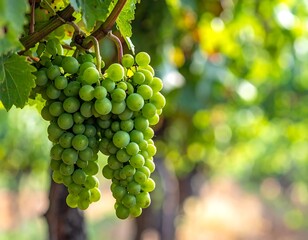 Close-up of green grapes hanging from vines, sunlight dappling the leaves