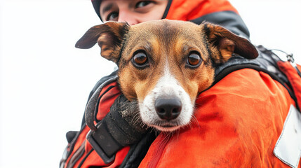 A rescuer with a dog on his shoulder, symbolizing care and rescue AI Generative
