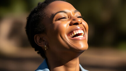 Woman with short hair laughs in a natural setting during the daytime surrounded by soft light and greenery