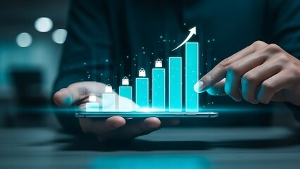 Businessman analyzing growing e-commerce sales on tablet with bar graph