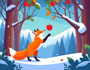 A fox reaches for a winter apple in a snowy forest