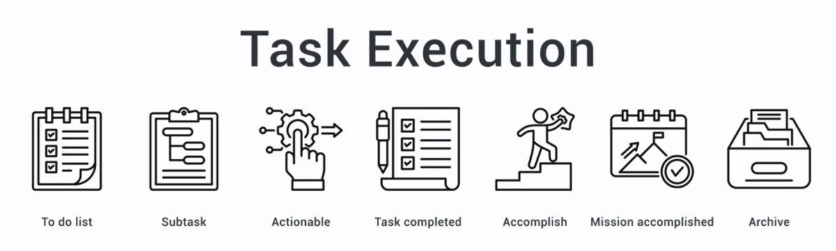 Task execution banner web icon manages lists with subtasks through actionable steps to accomplished missions and archiving.