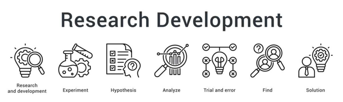Research development banner web icon explores experiments and hypothesis through analysis and trials finding solutions effectively.