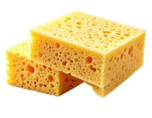 Porous yellow sponges, stacked, cleaning supplies
