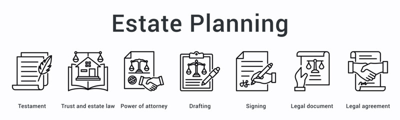 Estate planning banner web icon covers testament and trust law with power of attorney through drafting and signing.