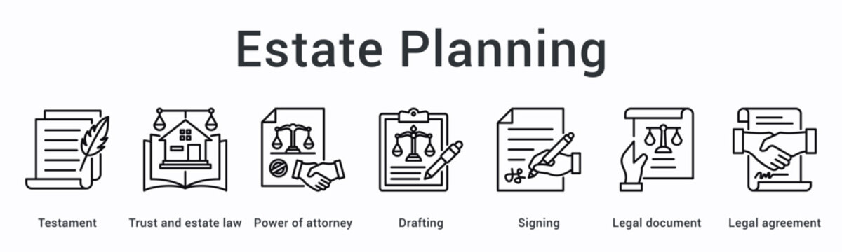 Estate planning banner web icon covers testament and trust law with power of attorney through drafting and signing.