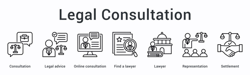 Legal consultation banner web icon provides advice through online platforms connecting clients with lawyers for representation.