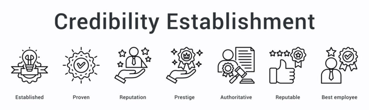 Credibility establishment banner web icon showcases proven reputation with prestige through authoritative excellence standards.