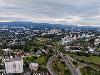 City Junction Overview, Aerial Perspective Of Complex Urban Highway And Skyscraper Intersection