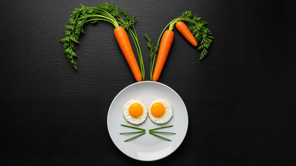 Breakfast plate featuring bunny food art made of fried eggs and vegetables.