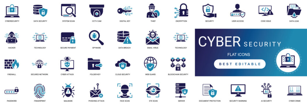 Cybersecurity solid icon set featuring data protection shield, digital privacy lock firewall, network security password, and online private access editable vector icons