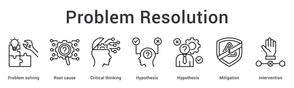 Problem resolution banner web icon identifies root cause through critical thinking and hypothesis for mitigation intervention.
