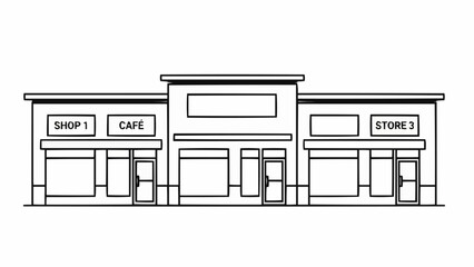 Line Art Illustration of a Commercial Building with Multiple Storefronts.