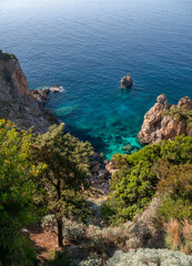 Panoramic view of the resort town of Paleokastritsa, sea and the cliffs of the Ionian Sea in Corfu, Greece