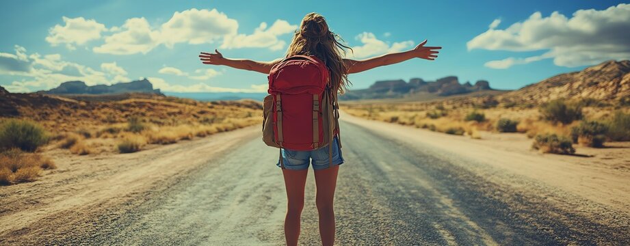 A young traveler stands on an open road with arms outstretched, embracing the freedom of adventure in nature.