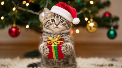 Cute kitten with a red hat holds a small gift in front of a decorated Christmas tree during the holiday season