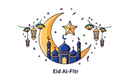 Mosque with crescent, star, & lanterns, festive, colorful, linework