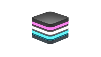 Abstract stacked cube with neon light layers on transparent background