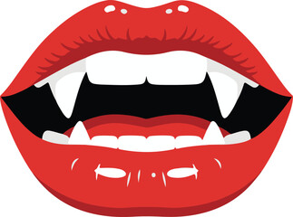 Obraz premium Of bright red lips with a wide open mouth showing sharp white vampire fangs and teeth on a clean white background