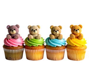 Teddy bear topped cupcakes in a row, vibrant frosting