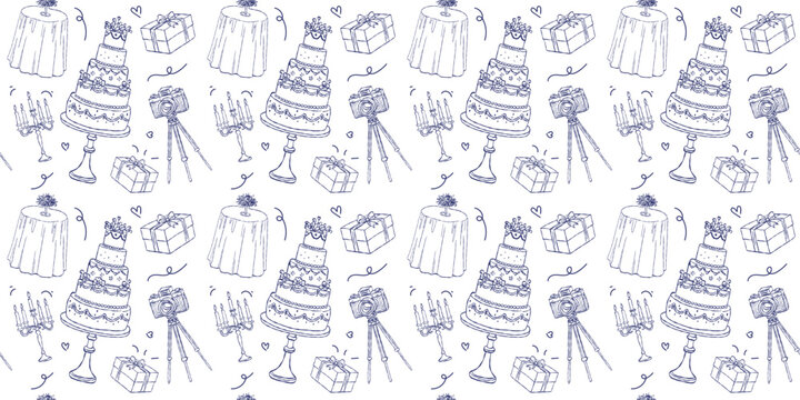 Wedding reception and celebration seamless pattern with tiered cake and camera, romantic banquet table and candelabra hand drawn doodle vector wallpaper