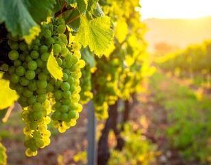 Close-up of green grapes on a vine with a sunlit vineyard in background