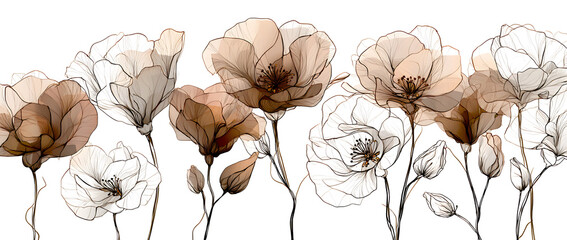 single line art vector flower illustration, outline set of blooming flowers