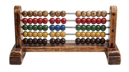 Wooden abacus with colorful beads, traditional counting and math learning tool, transparent background