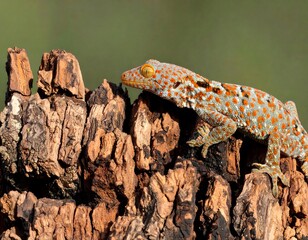 A gecko perched on weathered bark