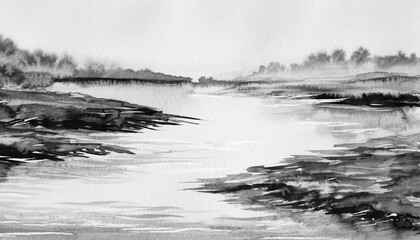 Misty river landscape with distant trees in monochrome ink wash style.