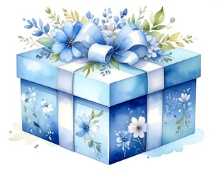 A gift box decorated with blue flowers and ribbon