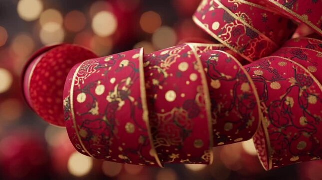Close-up of red Christmas ribbons with gold patterns on a blurred bokeh background