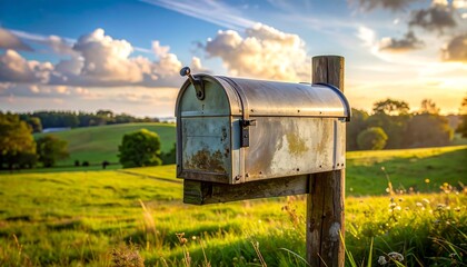 Weathered mailbox on a wooden post amidst a sunlit meadow, rolling green hills, and a vibrant sky at sunset