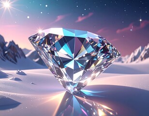 A gigantic, flawless diamond sparkles brilliantly atop a snow-covered landscape under a starry, twilight sky. Distant mountains complete the serene setting