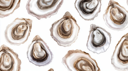 A collection of opened oyster shells displayed. The shells have intricate patterns and textures, perfect for seafood lovers AI Generative