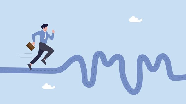 Businessman run to new challenge rough road ahead, rough road ahead, obstacle or tough situation to overcome, risk and uncertain, difficulty or problem solving. Animation video. 4k