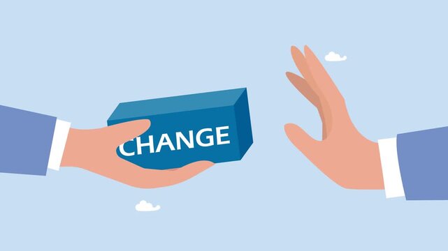 Businessman hand denied or refuse to get change box animation video. status quo bias, fear or refuse to change, comfort zone or conservative thinking.