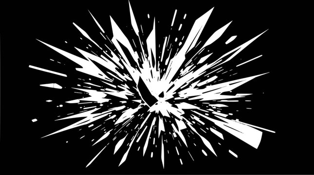 Abstract white explosion or shattered glass effect on a stark black background, creating a dynamic burst of sharp fragments.