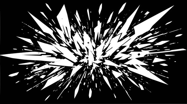 Abstract black and white graphic depicting a burst of sharp, fragmented white shapes exploding outwards from a central point, creating a dynamic and energetic visual effect.