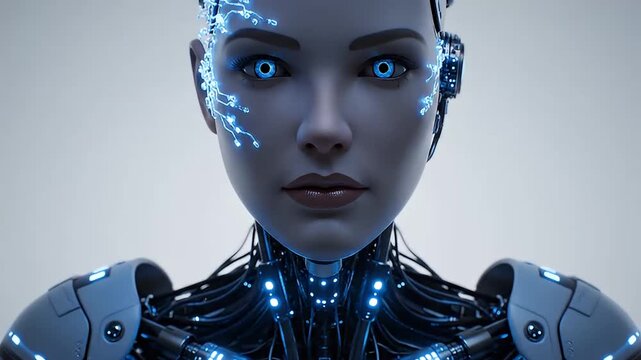Portrait of a futuristic female robot with blue glowing eyes