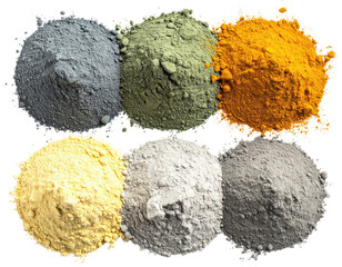 Six piles of colorful powder; earthy and muted tones
